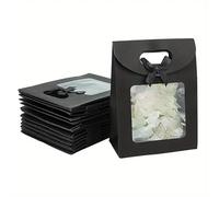 Emartbuy Bolsa de regalo de papel resistente, 20 cm x 14 cm x 7 cm, bolsa de papel kraft negra con ventana transparente y lazo, paquete de 12