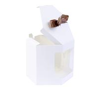 Emartbuy Bolsa de regalo hexagonal de papel fuerte, 10 cm x 10 cm x 12 cm, caja de papel kraft blanca para magdalenas, con ventana transparente y cinta, paquete de 12 unidades