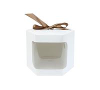 Emartbuy Bolsa de regalo hexagonal de papel fuerte, 13 cmx13 cmx14 cm, caja de papel kraft blanca para magdalenas, magdalenas, con ventana transparente y cinta, paquete de 12