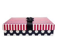 Emartbuy Caja de Regalo, 27 x 19 x 7 cm, Caja de Lunares Azul Oscuro Con Tapa de Rayas Rosadas