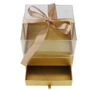 Emartbuy Caja de regalo, caja dorada con cajón, tapa acrílica y cinta, 18 x 18 x 19 cm, caja individual