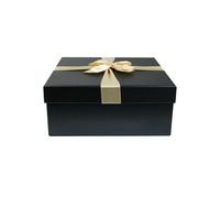 Emartbuy Caja de regalo rígida, 20 x 20 x 8 cm, caja negra con tapa negra, cinta decorativa satinada dorada y papel triturado de 50 g, color blanco