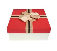 Emartbuy Caja de regalo rígida, 23,5 x 23,5 x 10 cm, caja de color crema con tapa roja, cinta decorativa marrón gris y papel triturado de 50 g, color rosa