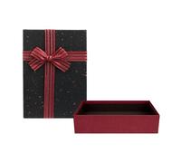 Emartbuy Caja de regalo rígida, 29 x 21 x 9 cm, caja texturizada de color burdeos con tapa negra, interior marrón y cinta decorativa a rayas