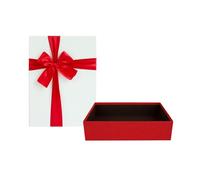 Emartbuy Caja de regalo rígida, 38 x 27 x 10 cm, caja roja texturizada con tapa blanca, interior marrón y cinta decorativa de satén rojo
