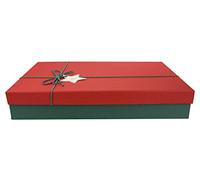 Emartbuy Caja de regalo rígida de 39 x 27 x 5,5 cm, caja verde texturizada con tapa roja, interior marrón y cinta decorativa de ante