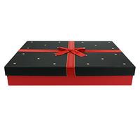 Emartbuy Caja de regalo rígida individual, 42 x 30 x 8,5 cm, caja roja con tapa negra con estrellas, interior marrón y cinta decorativa roja