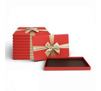 Emartbuy Juego de 10 cajas de regalo rígidas rectangulares de 28 x 18 x 2,2 cm, caja blanca con tapa roja, interior marrón chocolate y lazo decorativo a rayas