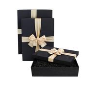 Emartbuy Juego de 3 cajas de regalo rígidas, caja negra con tapa, cinta decorativa de satén crema y papel triturado de 200 g, color negro