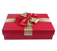 Emartbuy Lujo Rígido Caja de Regalo de Presentación en Forma de Rectángulo, 34 cm x 23 cm x 8 cm, Caja de Frambuesa Roja Con Tapa, Interior Impreso y Cinta Decorativa de Oro Rojo Satinado