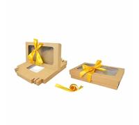 Emartbuy Paquete de 12 cajas de regalo con forma de rectángulo, 21,5 x 13,5 x 4,5 cm, caja Kraft marrón con tapa transparente y cinta de satén amarilla