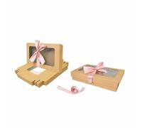 Emartbuy Paquete de 12 cajas de regalo con forma de rectángulo, 21,5 x 13,5 x 4,5 cm, caja Kraft marrón con tapa transparente y cinta de satén rosa bebé