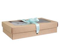 Emartbuy Paquete de 12 cajas de regalo con forma rectangular, 25 cm x 15 cm x 5 cm, caja kraft marrón con tapa transparente y cinta de satén azul claro