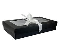 Emartbuy Paquete de 12 cajas de regalo con forma rectangular, 27 x 16 x 6 cm, caja de papel kraft negra con tapa transparente y cinta de satén marfil