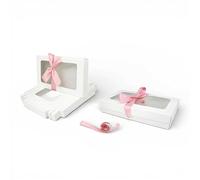 Emartbuy Paquete de 12 cajas de regalo rectangulares de 27 cm x 16 cm x 6 cm, caja de papel kraft blanca con tapa transparente y cinta de satén rosa bebé