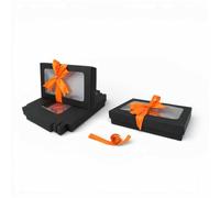 Emartbuy Paquete de 12 cajas de regalo rectangulares de 29,5 x 22 x 4,5 cm, caja de papel kraft negro con tapa transparente y cinta de satén de melocotón