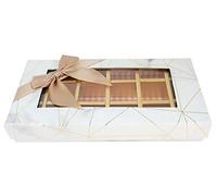 Emartbuy Set de 3 Lujo Rígido Caja de Regalo de Chocolate Trufa de 18 Compartimentos En Forma de Rectángulo, Impresión de Mármol Blanco, Tapa de Ventana, Partición Interior Extraíble y Lazo de Satén