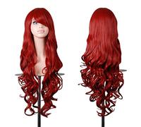 EmaxDesign Peluca de 80 cm para mujer, larga, en espiral, rizada, ondulada, resistente al calor, a la moda, glamour, peluca con gorro y peine gratis (80 cm, rojo oscuro)
