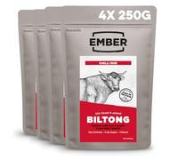 Ember Biltong de Ternera Chilli 1 kg - Carne Seca Beef Jerky Rica en Proteinas - Baja en Grasa, Sin Azúcar Añadido, Keto, Sin Colorantes ni Aromas Artificiales - 4 Bolsas Resellables de 250 g