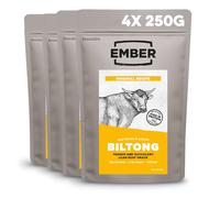 Ember Biltong de Ternera Original 1 kg - Carne Seca Beef Jerky Rica en Proteinas - Baja en Grasa, Sin Azúcar Añadido, Keto, Sin Colorantes ni Aromas Artificiales - 4 Bolsas Resellables de 250 g