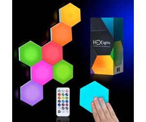 Emberela HEXlights - Paquete de 7 luces hexagonales, paneles de pared RGB táctiles y con control remoto, paneles de luces LED hexagonales, ideales para decoración de sala de estar, dormitorio y sala