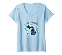 Emblema de Aventura escénica de los Grandes Lagos del Lago Michigan Camiseta Cuello V, Mujer, Azul Bebé, M