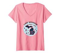 Emblema de Aventura escénica de los Grandes Lagos del Lago Michigan Camiseta Cuello V, Mujer, Rosado, M