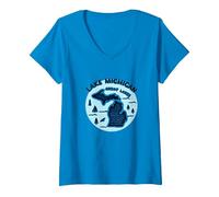 Emblema de Aventura escénica de los Grandes Lagos del Lago Michigan Camiseta Cuello V, Mujer, Zafiro, M