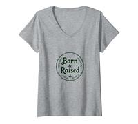 Emblema de Orgullo rústico de Ciudad Natal Born & Raised Camiseta Cuello V, Mujer, Gris Jaspeado, S