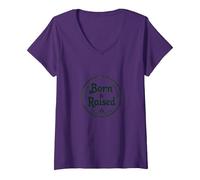 Emblema de Orgullo rústico de Ciudad Natal Born & Raised Camiseta Cuello V, Mujer, Morado, XXL