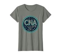 Emblema Estrellado de la Vida de CNA para Mujeres Profesionales de la Salud Camiseta, Mujer, Verde Militar Jaspeado, M