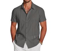 Emboadlie Mens Shirts Men's Cuba Guayabera Exquisite Hollow Embroidered Button Front Shirt Sleeve Casual Beach Shirts (Gray, L)