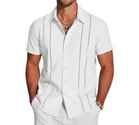 Emboadlie Mens Shirts Men's Cuba Guayabera Exquisite Hollow Embroidered Button Front Shirt Sleeve Casual Beach Shirts (White, XXL)