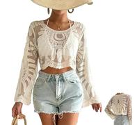 Embroidered Dress for Women, Women's Floral Embroidered Semi-Sheer, Bathing Suit Cover Up for Women, Black Lace Duster (Apricot)