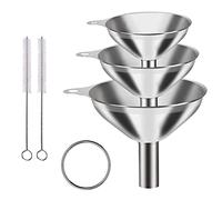 Embudos de acero inoxidable, juego de 3 embudos de cocina, embudo de acero inoxidable de 4.5/5.5/2.95 pulgadas con mango y 2 cepillos de limpieza, apilable pequeño para transferir líquidos y polvos