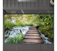 EMCLKS Alfombra Baño Antideslizante 60x90 cm,Bosque idílico, Puente de Troncos Desgastados Que serpentea sobre una Cascada,Alfombrilla Absorbente, Alfombras Lavable a Máquina con Microfibras Suaves