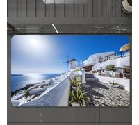 EMCLKS Alfombra Baño Antideslizante 60x90 cm,Santorini, Edificios encalados, Molinos de Viento y el mar Egeo bajo la esplén,Alfombrilla Absorbente, Alfombras Lavable a Máquina con Microfibras Suaves