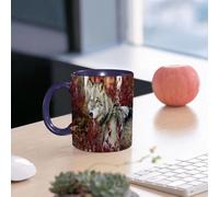 EMCLKS Ceramic Mug,tazas desayuno,taza te,tazas cafe,taza navidad,regalos originales mujer,regalos para parejas,Lobo gris en un hermoso follaje rojo,330ml