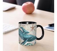 EMCLKS Ceramic Mug,tazas desayuno,taza te,tazas cafe,taza navidad,regalos originales mujer,regalos para parejas,Arte de ballenas, ballenas nadando entre algas de mapas antiguos de Shanghai y el,330ml