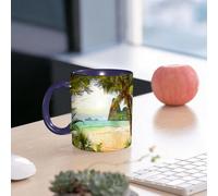 EMCLKS Ceramic Mug,tazas desayuno,taza te,tazas cafe,taza navidad,regalos originales mujer,regalos para parejas,Océano, palmeras, cocoteros y olas del mar a través de las montañas en Paradise I,330ml