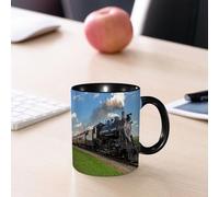 EMCLKS Ceramic Mug,tazas desayuno,taza te,tazas cafe,taza navidad,regalos originales mujer,regalos para parejas,Imagen de una locomotora de vapor negra vintage en un paisaje rural con hierba ve,330ml