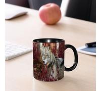 EMCLKS Ceramic Mug,tazas desayuno,taza te,tazas cafe,taza navidad,regalos originales mujer,regalos para parejas,Lobo gris en un hermoso follaje rojo,330ml