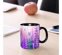 EMCLKS Ceramic Mug,tazas desayuno,taza te,tazas cafe,taza navidad,regalos originales mujer,regalos para parejas,Las mariposas azules revolotean entre las flores de lupino púrpura con una hermos,330ml