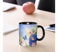 EMCLKS Ceramic Mug,tazas desayuno,taza te,tazas cafe,taza navidad,regalos originales mujer,regalos para parejas,Ramo de hortensias azules y mariposa sobre un fondo de flores.,330ml