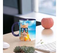 EMCLKS Ceramic Mug,tazas desayuno,taza te,tazas cafe,taza navidad,regalos originales mujer,regalos para parejas,Divertido, gato con gafas de sol relajándose tomando un cóctel con el mar de fond,330ml