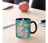 EMCLKS Ceramic Mug,tazas desayuno,taza te,tazas cafe,taza navidad,regalos originales mujer,regalos para parejas,Mapa vectorial estilizado de Dinamarca. Ilustración de viaje con lugares emblemát,330ml