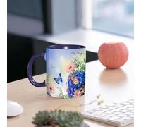 EMCLKS Ceramic Mug,tazas desayuno,taza te,tazas cafe,taza navidad,regalos originales mujer,regalos para parejas,Ramo de hortensias azules y mariposa sobre un fondo de flores.,330ml