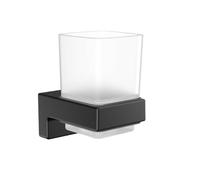 EMCO Cue Vaso para cepillos de Dientes de Vidrio para Pegar, Soporte para cepillos de Dientes sin Tornillos, Vaso de Metal y Cristal Negro