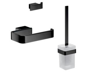 emco Loft - Juego de accesorios de baño, portarrollos de papel higiénico, mecanismo de escobilla y ganchos dobles, elegante juego de baño montado en la pared hecho de aluminio, negro mate