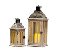 EME Set Farolillos De Madera y Cristal Marrón con Toque Envejecido. Tamaño Mediano Y Pequeño. Farol De Estilo Árabe. Ideal para Decoración En Eventos.